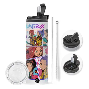 Huntrix Kpop Girls, Travel Tumbler 2 Lids, with metal straw & cleaning brush (Stainless steel 304 Food grade, BPA free, 600ml)