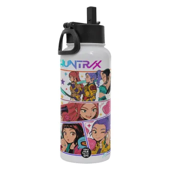 Huntrix Kpop Girls, Μεταλλικό παγούρι θερμός Λευκό με καλαμάκι και χερούλι (Stainless steel), διπλού τοιχώματος, 950ml