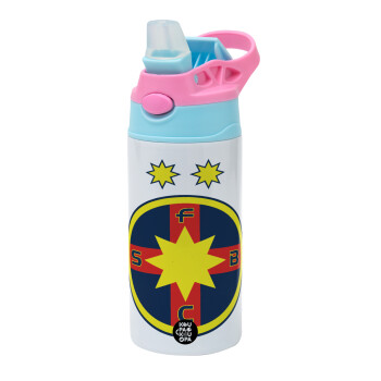 FC Steaua Bucuresti (FCSB), Children's hot water bottle, stainless steel, with safety straw, Pink/BlueCiel (360ml) BPA FREE