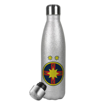 FC Steaua Bucuresti (FCSB), Μεταλλικό παγούρι θερμός Glitter Aσημένιο (Stainless steel), διπλού τοιχώματος, 500ml