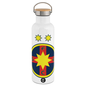 FC Steaua Bucuresti (FCSB), Μεταλλικό παγούρι θερμός (Stainless steel) Λευκό με ξύλινο καπάκι (bamboo), διπλού τοιχώματος, 750ml