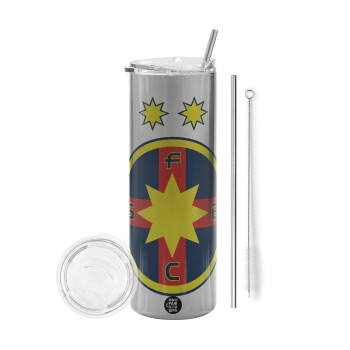 FC Steaua Bucuresti (FCSB), Tumbler ποτήρι θερμό Ασημένιο από ανοξείδωτο ατσάλι 600ml, με μεταλλικό καλαμάκι & βούρτσα καθαρισμού