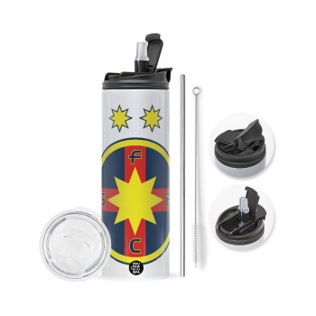 FC Steaua Bucuresti (FCSB), Travel Tumbler θερμό με διπλό καπάκι, μεταλλικό καλαμάκι και βούρτσα καθαρισμού (Ανωξείδωτο 304 Food grade, BPA free, 600ml)