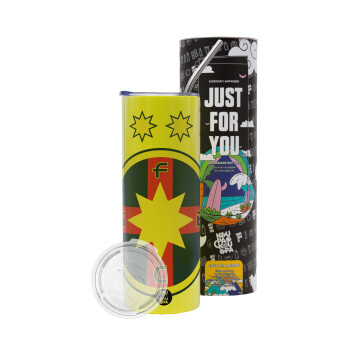 FC Steaua Bucuresti (FCSB), Neon Yellow Travel Tumbler θερμό, μεταλλικό καλαμάκι(Ανωξείδωτο 304 Food grade, BPA free, 600ml)