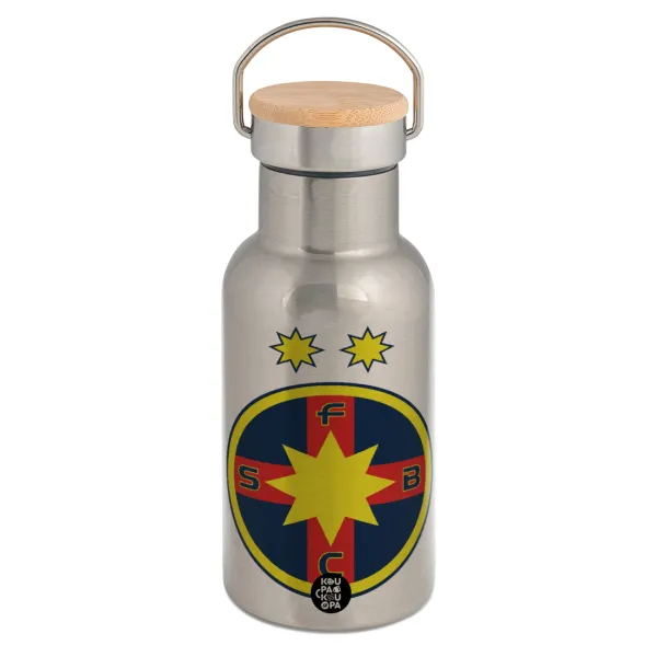 FC Steaua Bucuresti (FCSB) — Stainless steel metallic thermos flask, silver with a bamboo lid, double-walled, 350ml.