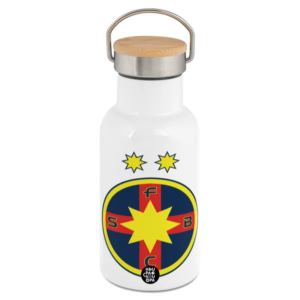 FC Steaua Bucuresti (FCSB) — Metallic thermos (Stainless steel) White with wooden lid (bamboo), double-walled, 350ml