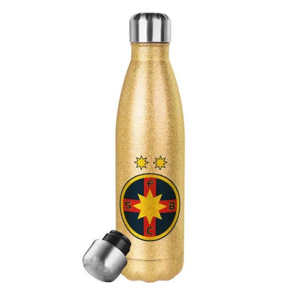 FC Steaua Bucuresti (FCSB) — Glitter gold stainless steel thermos bottle, double-walled, 500ml