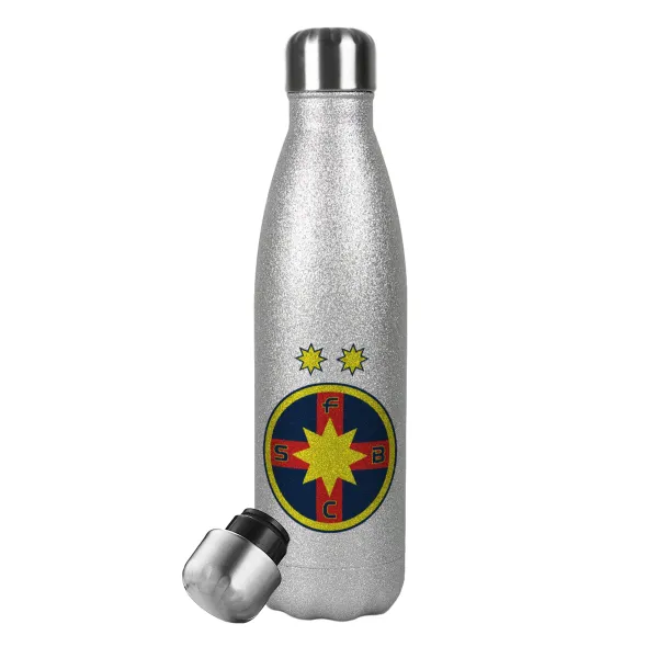 FC Steaua Bucuresti (FCSB) — Metallic Glitter Silver Thermos Flask (Stainless steel), double-walled, 500ml