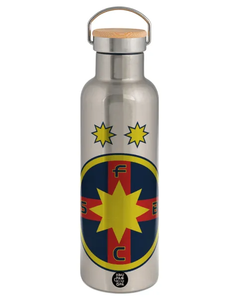 FC Steaua Bucuresti (FCSB) — Μεταλλικό παγούρι θερμός (Stainless steel) Ασημένιο με ξύλινο καπακι (bamboo), διπλού τοιχώματος, 750ml