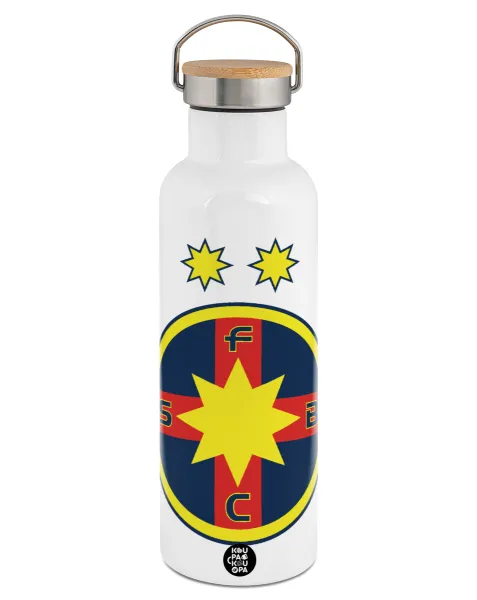 FC Steaua Bucuresti (FCSB) — Stainless steel White with wooden lid (bamboo), double wall, 750ml