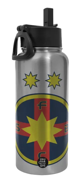 FC Steaua Bucuresti (FCSB) — Μεταλλικό παγούρι θερμός Silver με καλαμάκι και χερούλι (Stainless steel), διπλού τοιχώματος, 950ml