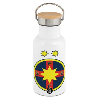 FC Steaua Bucuresti (FCSB), Μεταλλικό παγούρι θερμός (Stainless steel) Λευκό με ξύλινο καπακι (bamboo), διπλού τοιχώματος, 350ml