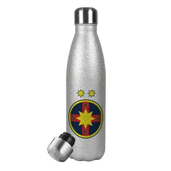 FC Steaua Bucuresti (FCSB), Μεταλλικό παγούρι θερμός Glitter Aσημένιο (Stainless steel), διπλού τοιχώματος, 500ml