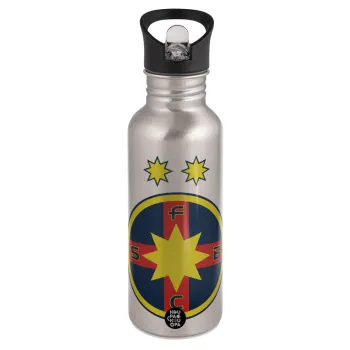FC Steaua Bucuresti (FCSB), Water bottle Silver with straw, stainless steel 600ml