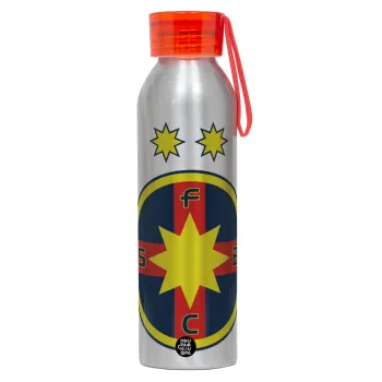 FC Steaua Bucuresti (FCSB), Αλουμινένιο Αθλητικό Μπουκάλι 650ml – Ασημί με Κόκκινο Καπάκι και Λουράκι Σιλικόνης