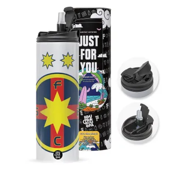 FC Steaua Bucuresti (FCSB) — Travel Tumbler 2 Lids, with metal straw & cleaning brush (Stainless steel 304 Food grade, BPA free, 600ml)