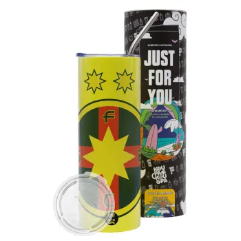 FC Steaua Bucuresti (FCSB), Neon Yellow Travel Tumbler θερμό, μεταλλικό καλαμάκι(Ανωξείδωτο 304 Food grade, BPA free, 600ml)