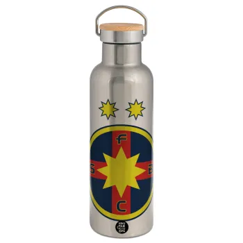 FC Steaua Bucuresti (FCSB), Μεταλλικό παγούρι θερμός (Stainless steel) Ασημένιο με ξύλινο καπακι (bamboo), διπλού τοιχώματος, 750ml