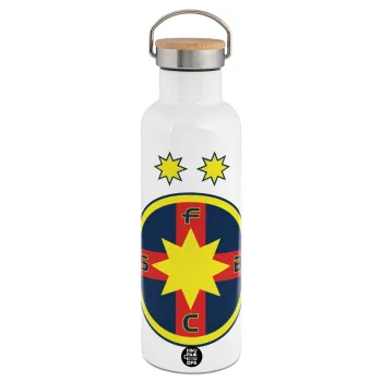 FC Steaua Bucuresti (FCSB), Μεταλλικό παγούρι θερμός (Stainless steel) Λευκό με ξύλινο καπάκι (bamboo), διπλού τοιχώματος, 750ml