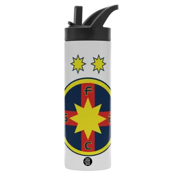 FC Steaua Bucuresti (FCSB), Μεταλλικό παγούρι θερμός με καλαμάκι & χειρολαβή, ανοξείδωτο ατσάλι (Stainless steel 304), διπλού τοιχώματος, 600ml