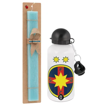 FC Steaua Bucuresti (FCSB), Easter Set, metallic aluminum water bottle (500ml) & scented flat candle (30cm) (TURQUOISE)