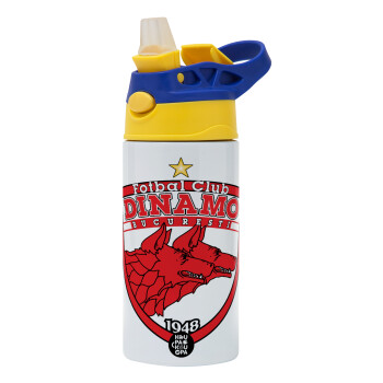 FC Dinamo Bucuresti, Children's hot water bottle, stainless steel, with safety straw, green, blue (360ml) BPA FREE