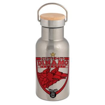 FC Dinamo Bucuresti, Stainless steel metallic thermos flask, silver with a bamboo lid, double-walled, 350ml.