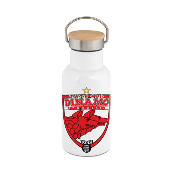 FC Dinamo Bucuresti, Μεταλλικό παγούρι θερμός (Stainless steel) Λευκό με ξύλινο καπακι (bamboo), διπλού τοιχώματος, 350ml