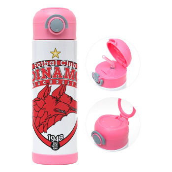 FC Dinamo Bucuresti, Children's hot water bottle, stainless steel, with safety straw, PINK (500ml)