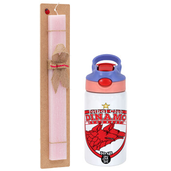 FC Dinamo Bucuresti, Easter Set, Children's thermal stainless steel water bottle with safety straw, pink/purple (350ml) & Easter scented flat candle (30cm) (PINK)