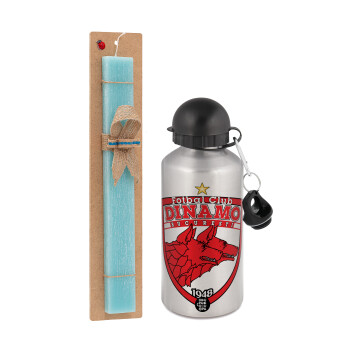 FC Dinamo Bucuresti, Easter Set, metallic silver aluminum water bottle (500ml) & scented flat Easter candle (30cm) (TURQUOISE)