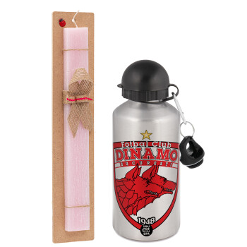 FC Dinamo Bucuresti, Easter Set, metallic Silver aluminum water bottle (500ml) & scented flat Easter candle (30cm) (PINK)
