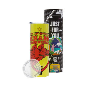 FC Dinamo Bucuresti, Neon Yellow Travel Tumbler, with metal straw (Stainless steel 304 Food grade, BPA free, 600ml)