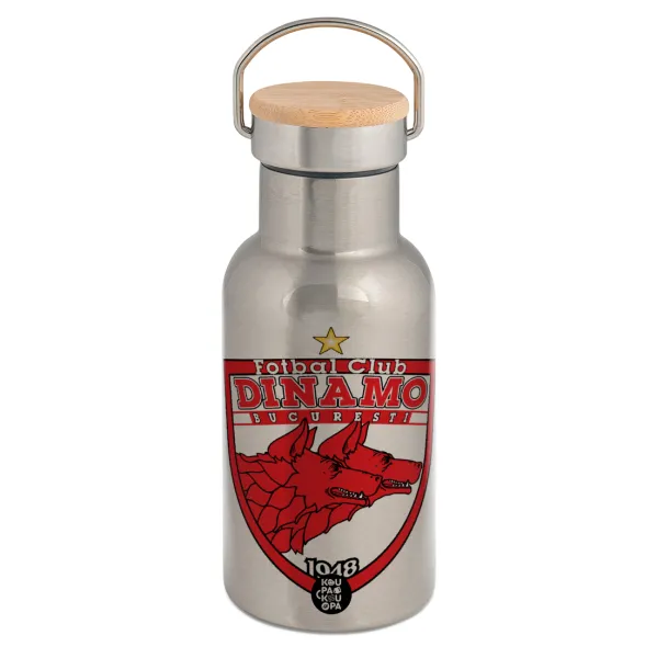 FC Dinamo Bucuresti — Stainless steel metallic thermos flask, silver with a bamboo lid, double-walled, 350ml.