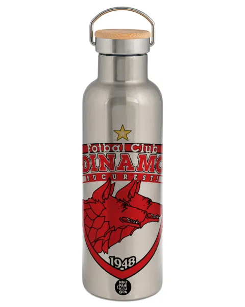 FC Dinamo Bucuresti — Stainless steel Silver with wooden lid (bamboo), double wall, 750ml