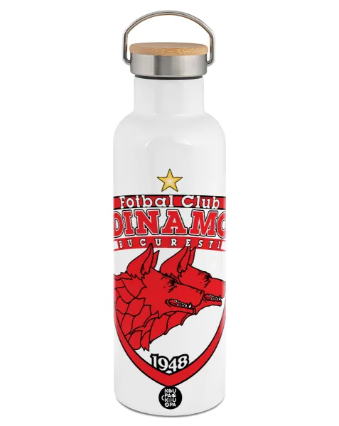 FC Dinamo Bucuresti — Μεταλλικό παγούρι θερμός (Stainless steel) Λευκό με ξύλινο καπάκι (bamboo), διπλού τοιχώματος, 750ml