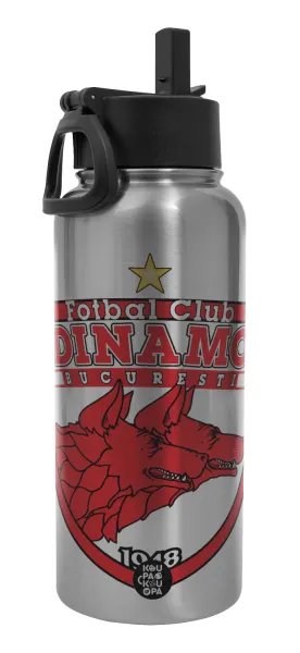FC Dinamo Bucuresti — Metal mug thermo Silver with Straw and Spout Lid (Stainless steel), double wall, 950ml