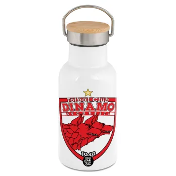 FC Dinamo Bucuresti, Μεταλλικό παγούρι θερμός (Stainless steel) Λευκό με ξύλινο καπακι (bamboo), διπλού τοιχώματος, 350ml