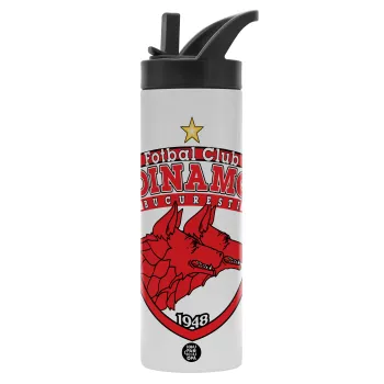 FC Dinamo Bucuresti, Metallic thermos bottle with straw & handle, stainless steel (Stainless steel 304), double-walled, 600ml.