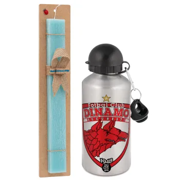 FC Dinamo Bucuresti, Easter Set, metallic silver aluminum water bottle (500ml) & scented flat Easter candle (30cm) (TURQUOISE)