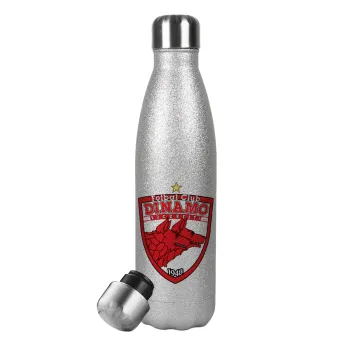 FC Dinamo Bucuresti, Μεταλλικό παγούρι θερμός Glitter Aσημένιο (Stainless steel), διπλού τοιχώματος, 500ml