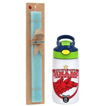 FC Dinamo Bucuresti, Easter Set, Children's thermal stainless steel bottle with safety straw, green/blue (350ml) & aromatic flat Easter candle (30cm) (TURQUOISE)