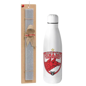 FC Dinamo Bucuresti, Easter Set, metallic stainless thermos bottle (500ml) & scented flat Easter candle (30cm) (GRAY)