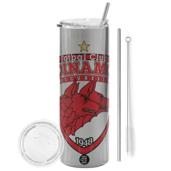 FC Dinamo Bucuresti, Tumbler ποτήρι θερμό Ασημένιο από ανοξείδωτο ατσάλι 600ml, με μεταλλικό καλαμάκι & βούρτσα καθαρισμού