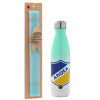 Easter Set, Metallic green/white thermos (Stainless steel), double-walled, 500ml & scented flat Easter candle (30cm) (TURQUOISE)