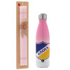 Easter Set, Metallic pink/white (Stainless steel) thermos, double-walled, 500ml & aromatic flat Easter candle (30cm) (PINK)
