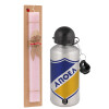 Easter Set, metallic Silver aluminum water bottle (500ml) & scented flat Easter candle (30cm) (PINK)