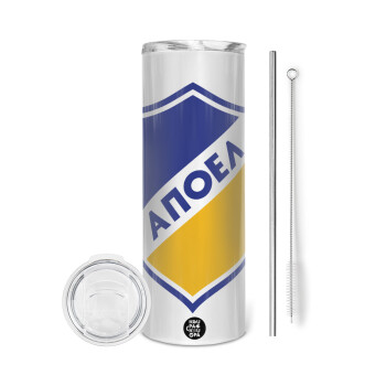 FC ΑΠΟΕΛ Λευκωσίας, Tumbler ποτήρι θερμό από ανοξείδωτο ατσάλι 600ml, με μεταλλικό καλαμάκι & βούρτσα καθαρισμού