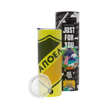 FC ΑΠΟΕΛ Λευκωσίας, Neon Yellow Travel Tumbler θερμό, μεταλλικό καλαμάκι(Ανωξείδωτο 304 Food grade, BPA free, 600ml)