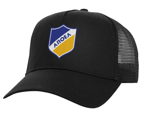 FC ΑΠΟΕΛ Λευκωσίας — Καπέλο Ενηλίκων Structured Trucker, με Δίχτυ, Μαύρο (100% ΒΑΜΒΑΚΕΡΟ, ΕΝΗΛΙΚΩΝ, UNISEX, ONE SIZE)